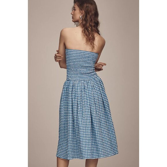 Maeve Strapless Smocked Blue Plaid Gingham Midi Dress M - Picture 2 of 4